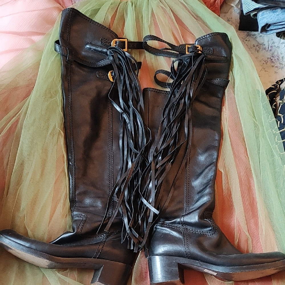 Gucci Black Leather Fringe Knee High Boots